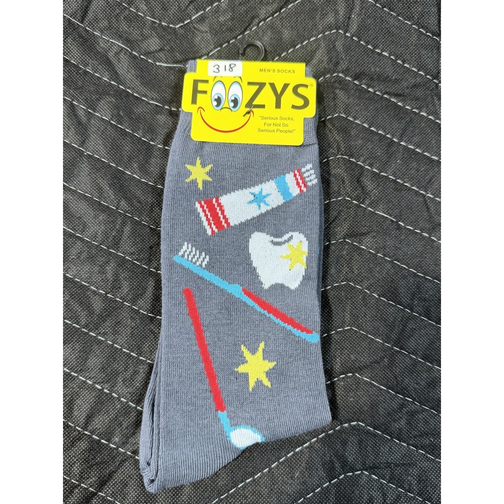 Foozys Dental Crew Socks‎ Men Size 10-13 Grey NWT Teeth Toothbrush Novelty FM-88